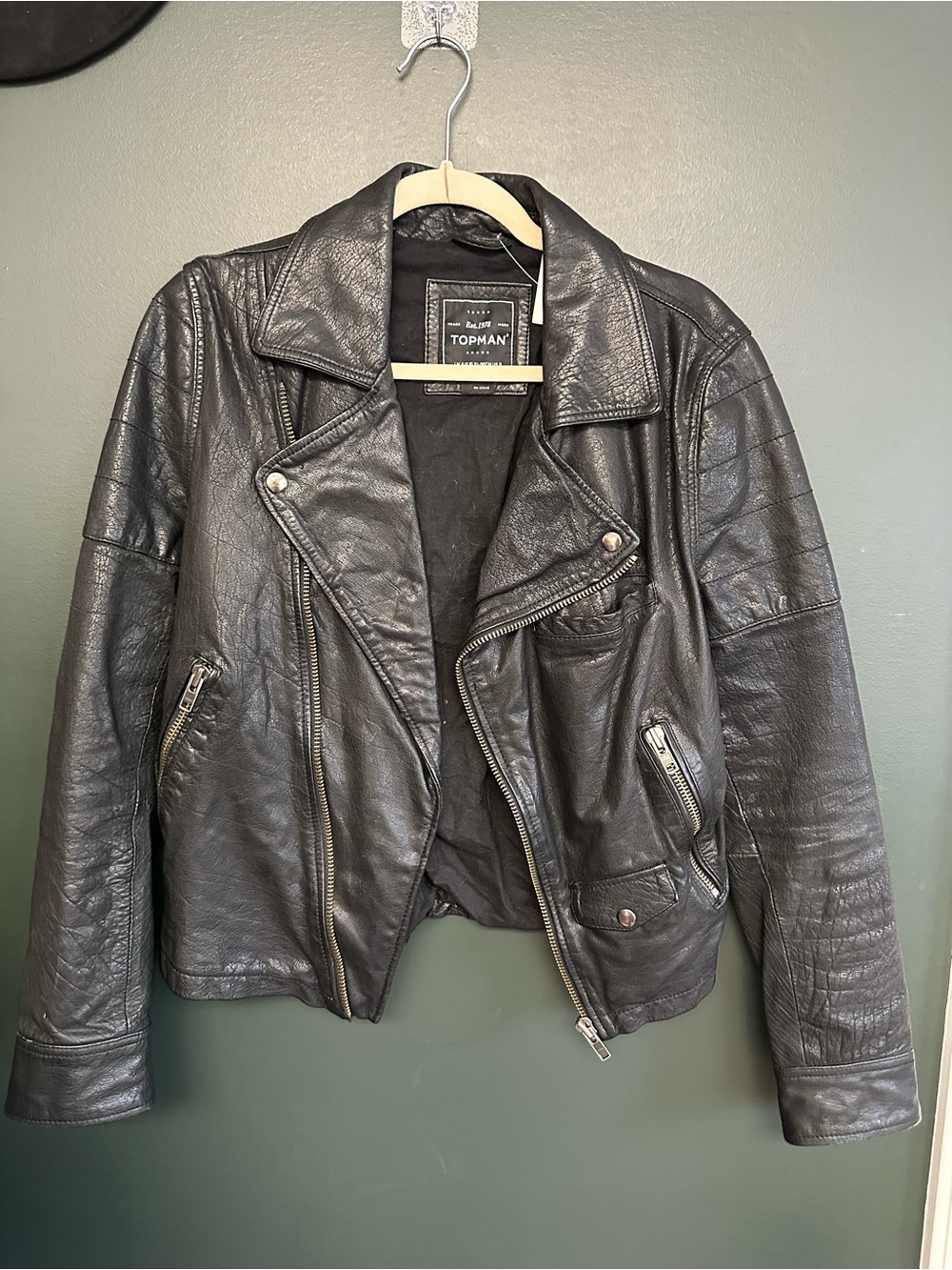 Topman Black Leather Asymmetrical Moto Jacket